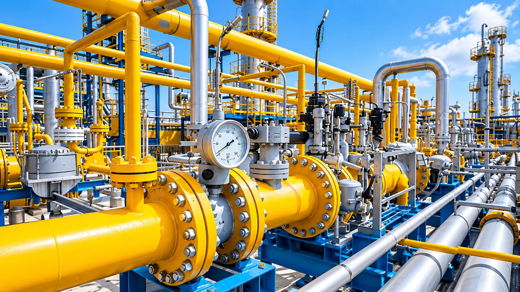 Yellow process piping, valves and a pressure gauge at an energy facility