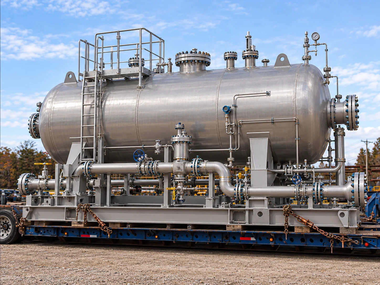 A fabricated pressure vessel with access platforms, instruments and piping on a transport trailer