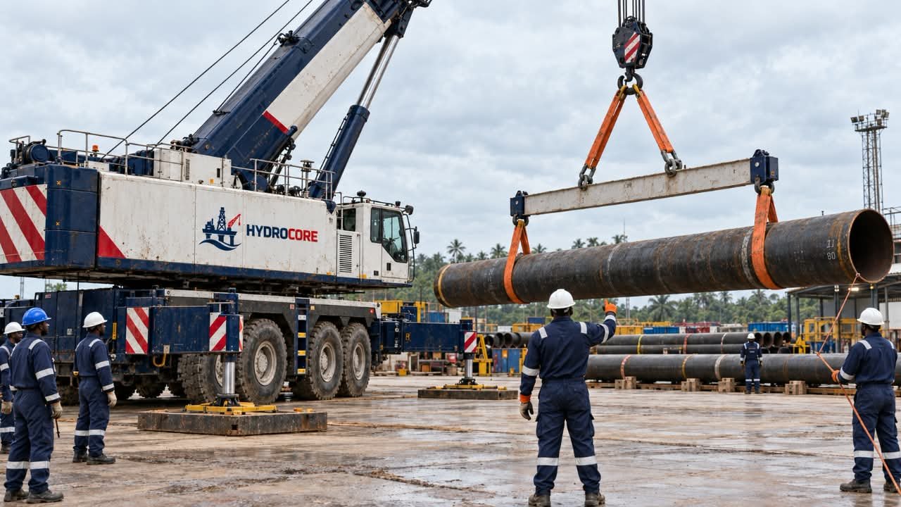 Pipe handling and lifting scene in an oilfield material yard