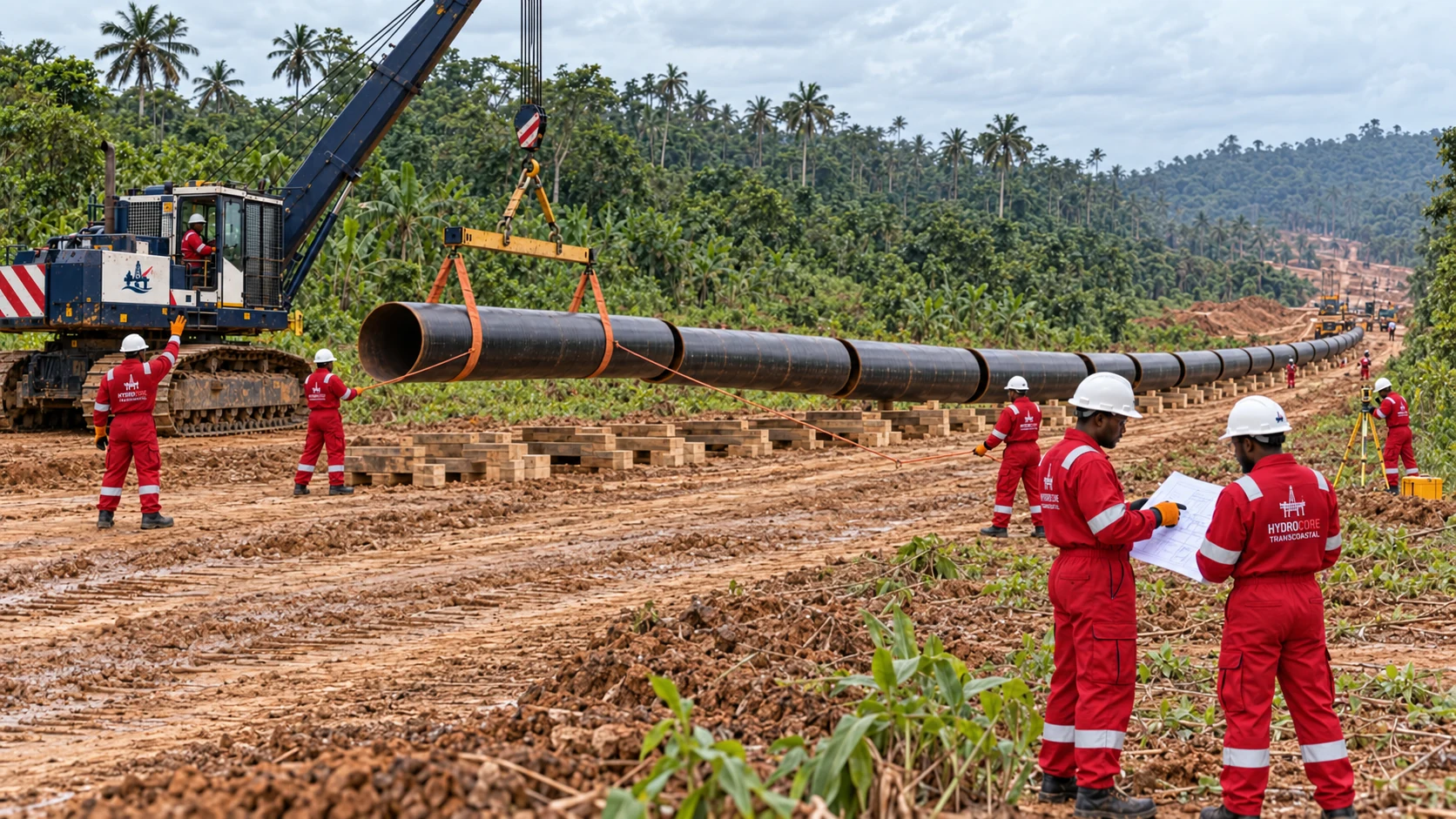 Hydrocore personnel coordinating pipe lifting and stringing along a cleared pipeline route