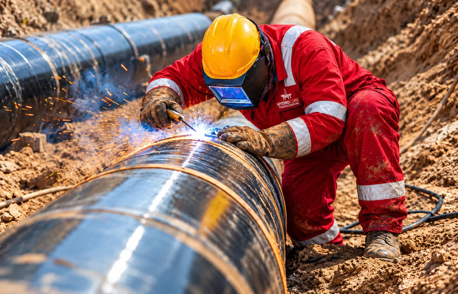 A welder in red Hydrocore-branded coveralls welding a pipe joint in an excavated trench