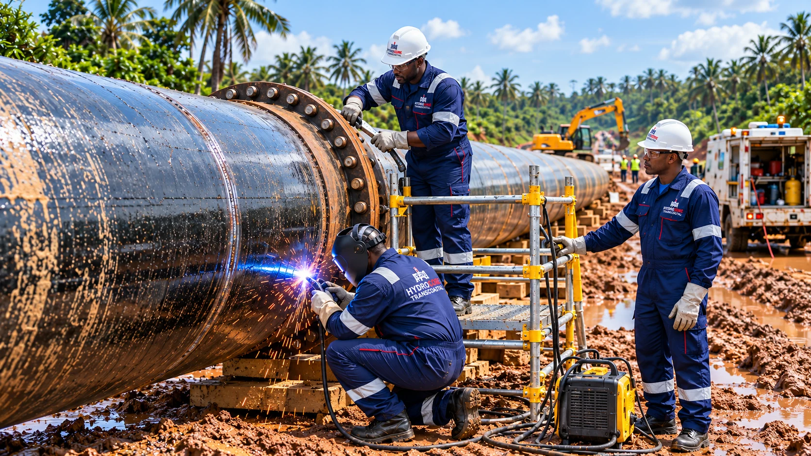 A Hydrocore crew in navy coveralls carrying out welding and joint work on a large pipeline