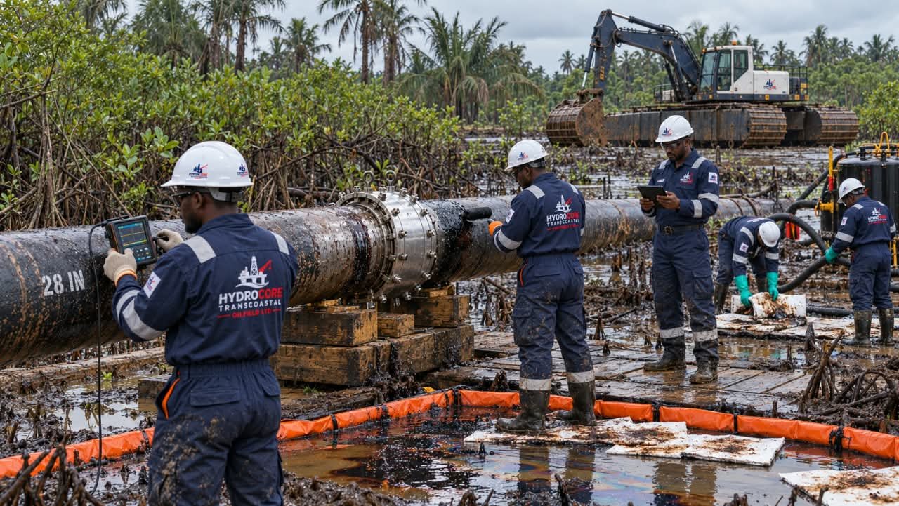 Hydrocore personnel inspecting and maintaining a pipeline in wetland terrain
