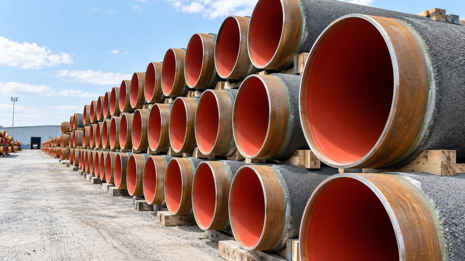 Rows of concrete-coated steel pipes stacked in a materials yard