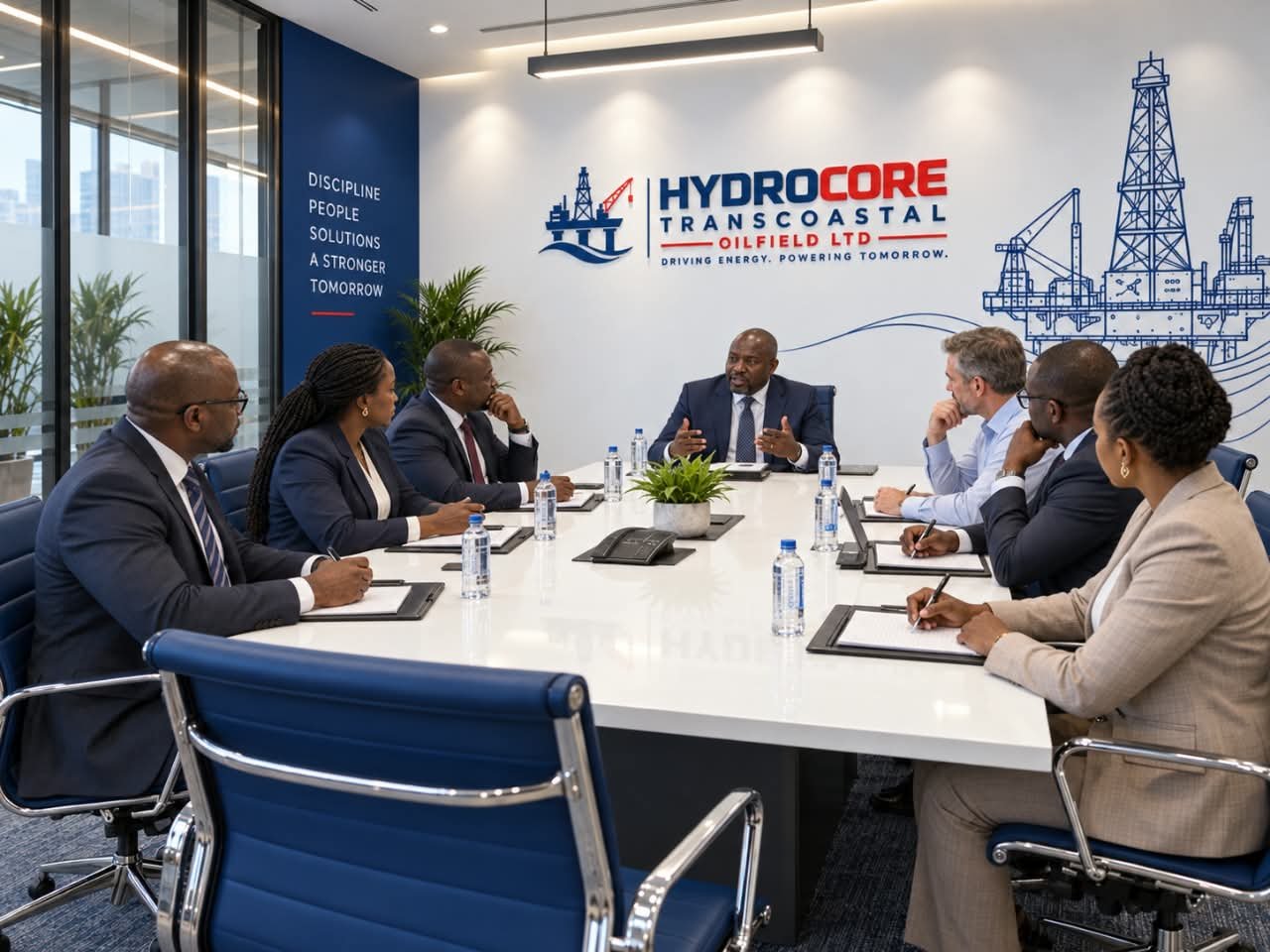 Project-planning meeting in a Hydrocore-branded meeting room